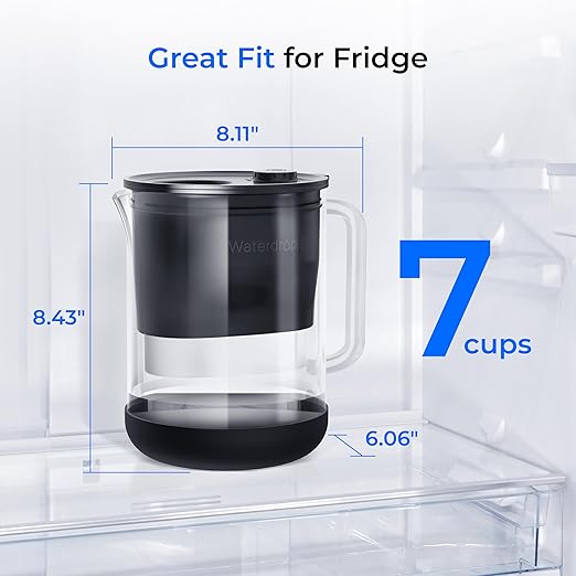 Waterdrop Glass Water Filter Pitcher with 1 Filter, Eco-Friendly, with NSF 53&42&372 Certified Filter, 7-Cup, Reduces PFOA/PFOS, Chlorine, Cadmium, Copper, Mercury, BPA Free, Easy to Clean, Black