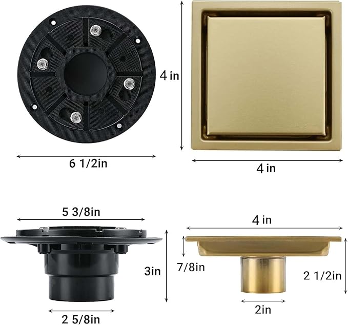4 Inch Gold Shower Drain, SUS304 Stainless Steel Square Bathroom Floor Drain with Flange Reversible 2-in-1 Cover Insert Tiles for Filtering, Brushed Gold
