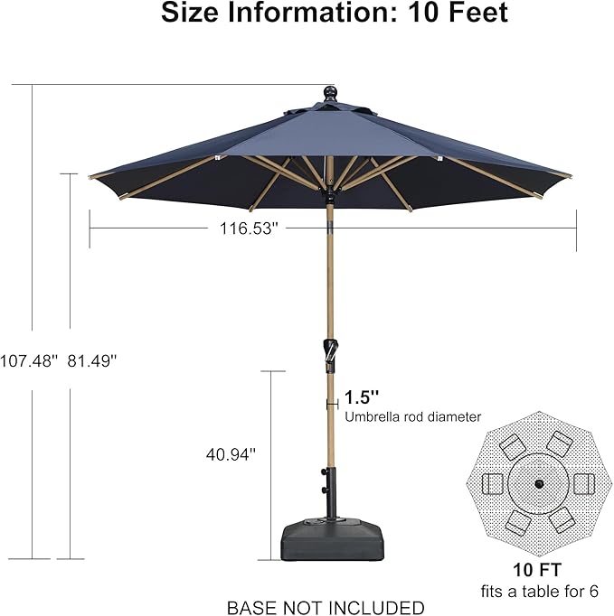 PURPLE LEAF 10 Feet Patio Umbrella Outdoor Table Umbrella Aluminum Round Market Umbrella with Push Button Tilt & 8 Sturdy Ribs and Crank Commercial Sun Umbrella for Garden Patio Balcony, Navy Blue