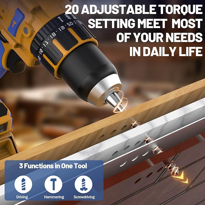 Cordless Hammer Drill Compatible with Dewalt 20V Max Battery (Tool Only) -Brushless Motor, 1/2" Keyless Metal Chuck & LED Light for Drilling Brick, Metal, Wood - Ideal for DIY