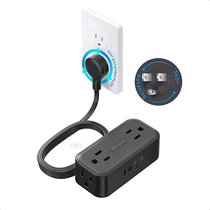 TROND 360° Rotating Flat Plug Power Strip, 10FT Extension Cord with 4 USB Ports, 4 Wide Spaced AC Outlets, Wall Mount, 900J Surge Protector for Office Travel Dorm Room Essentials, Black