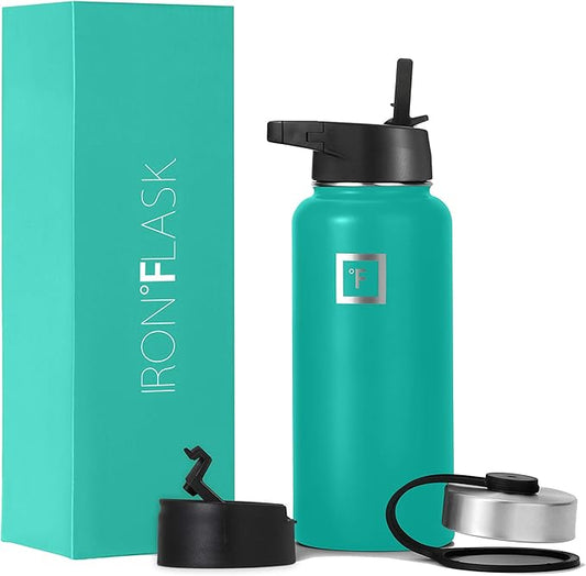 IRON °FLASK Sports Water Bottle - Wide Mouth with 3 Straw Lids - Stainless Steel Gym & Outdoor Bottles for Men, Women & Kids - Double Walled, Insulated Thermos, Metal Canteen - Aquamarine, 32 Oz