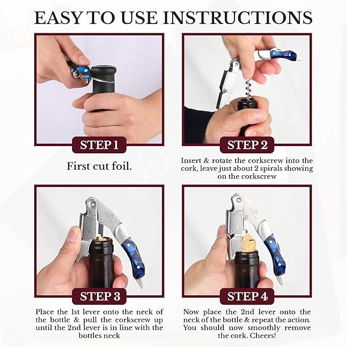 Premium AM DELUXE Waiters Corkscrew Wine Opener - Wine Key For Servers Bartenders, Heavy Duty Stainless Steel & Resin Inlay, Serrated Foil Cutter, Cork Screw Wine Bottle Opener. Magnetic Gift Box