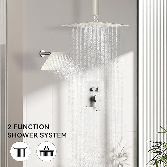 Shower Faucets Sets Shower System Brushed Nickel, STARBATH 12" Ceiling Mount Rain Showerhead and 8" Wall Mounted Rainfall Shower for Couples, On Off Button Valve Dual Head Shower Systems Complete