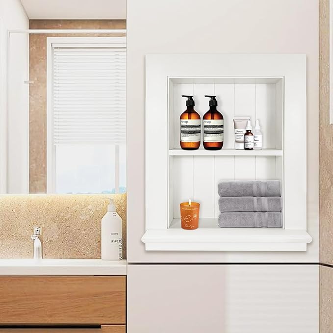 Royxen Bathroom Wall Cabinet with 2-Tier Shelves,Wooden Recessed Medicine Cabinet Over Toilet Storage Cabinet,Bathroom Cabinet Wall Mount for Home Storage, 14 x 18 Inch, White