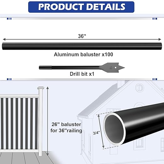 100 Pack 36" Aluminum Deck Balusters Round Black Deck Railing Stair Porch Staircase Spindles 3/4" Diameter Balusters Outdoor
