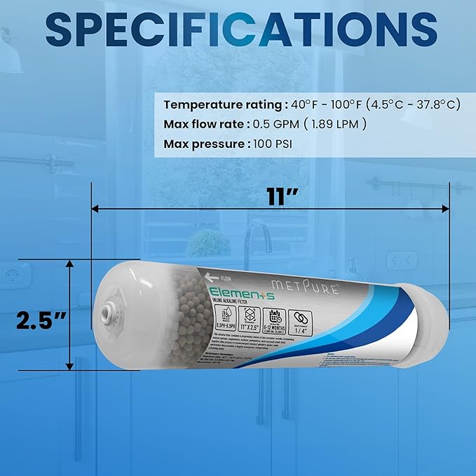 Elements Inline Antioxidant Alkaline Water Filter 11" x 2.5" with 1/4" Quick Connects Replacement or Add-on for pH Balance and Restore Minerals in Reverse Osmosis RO System