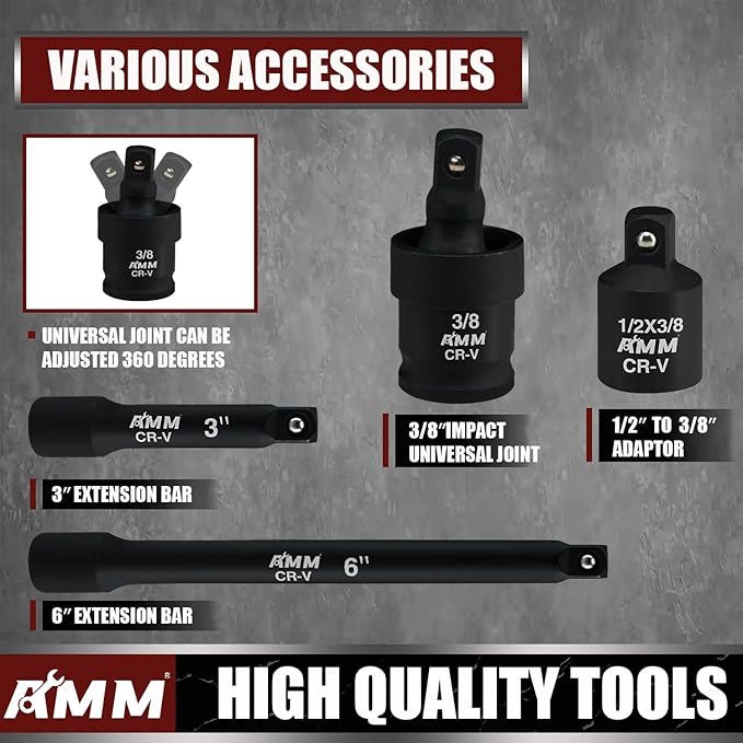 AMM 3/8" Drive Impact Socket Set, 48-Piece Standard SAE (5/16 to 3/4 inch) and Metric (8-22mm) Size, 3" and 6" Drive Extension Bar, Impact Universal Joint, 3/8" to 1/2" Impact Adaptor, CR-V