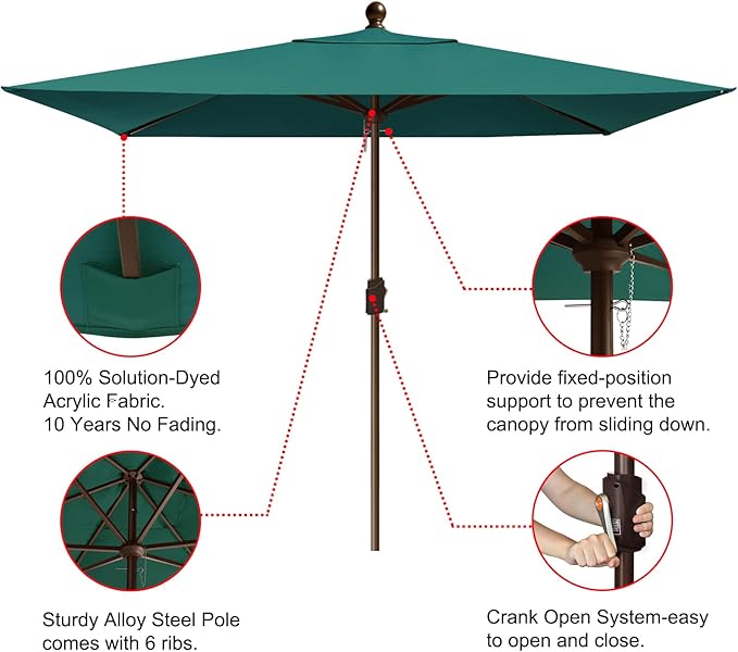 EliteShade USA 10-Year-Non-Fading 6.5x10Ft Rectangular Market Umbrella Patio Umbrella Outdoor Table Umbrella with Ventilation, Forest Green