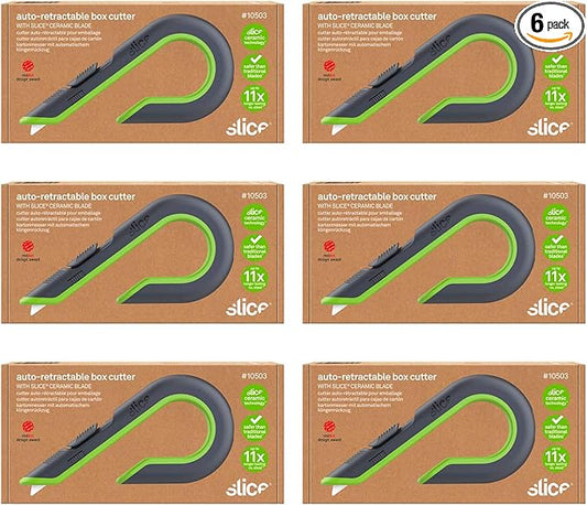 Slice Auto-Retractable Box Cutter, Heavy Duty Utility Knife, Safe Ceramic Blade Lasting 11x Longer than Metal, 6 Pack