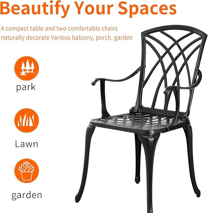 Bistro Set 3 Piece Outdoor,Cast Aluminum Outdoor Bistro Set,All Weather Bistro Table and Chairs Set of 2 with 1.97" Umbrella Hole,Patio Bistro Sets for Garden(Woven Black)