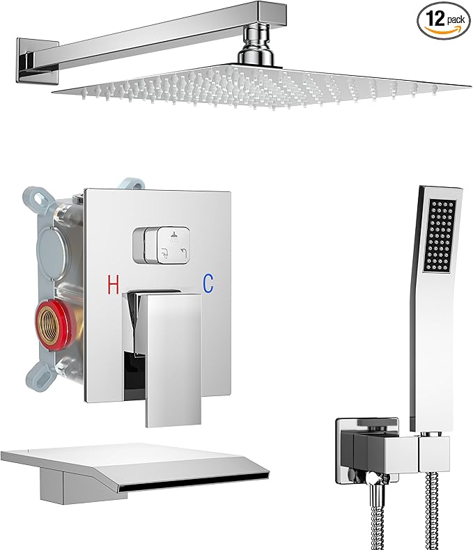 10 Inch Shower Faucet Set with Tub Spout Wall Mounted Shower System for Bathroom with High Pressure 10 Inch Rain Shower head and Handheld Shower Head Set, Polished Chrome