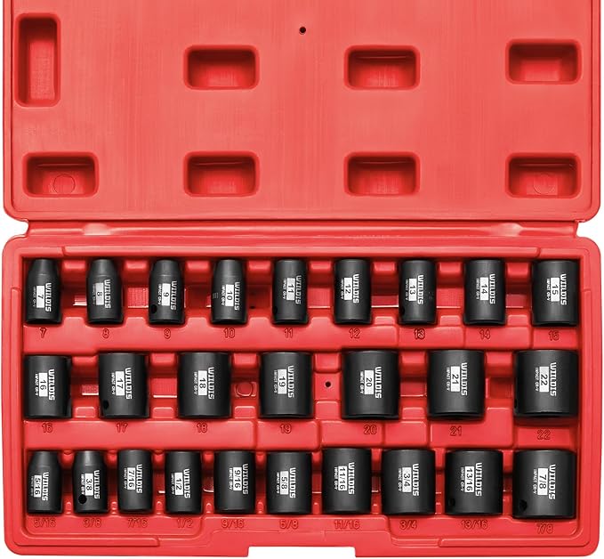 26 PCS 3/8" Drive SAE and Metric Impact Socket Set, SAE 5/16” to 7/8", Metric 7mm to 22mm, Premium Cr-V Steel, 6-Point Hex Designt,Cr-V Steel