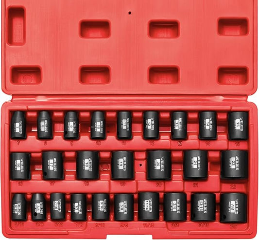 26 PCS 3/8" Drive SAE and Metric Impact Socket Set, SAE 5/16” to 7/8", Metric 7mm to 22mm, Premium Cr-V Steel, 6-Point Hex Designt,Cr-V Steel