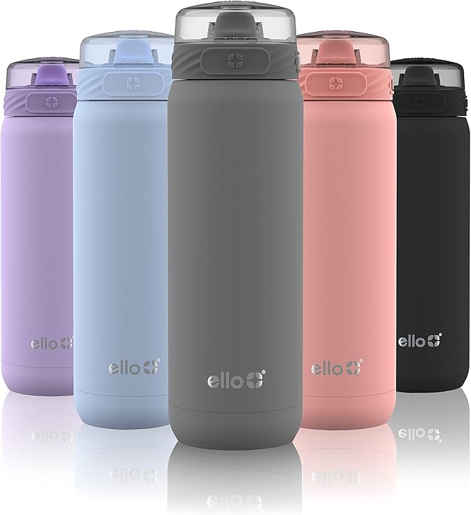 Ello Cooper 22oz Stainless Steel Water Bottle with Straw and Carry Handle, Double Walled and Vacuum Insulated Metal, Leak Proof Locking Lid with Soft Silicone Spout, Reusable, BPA Free, Grey