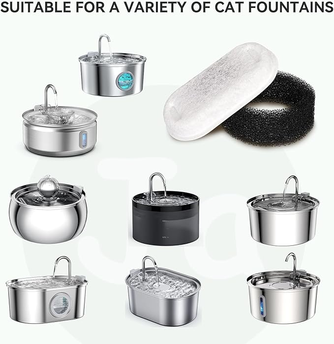 Cat Water Fountain Filters, 16 Pack Replacement Files for 67oz/2L&108oz/3.2L Stainless Steel Pet Water Fountain Cat Water Fountain Dog Water Dispenser, 8 Filters&8 Sponges