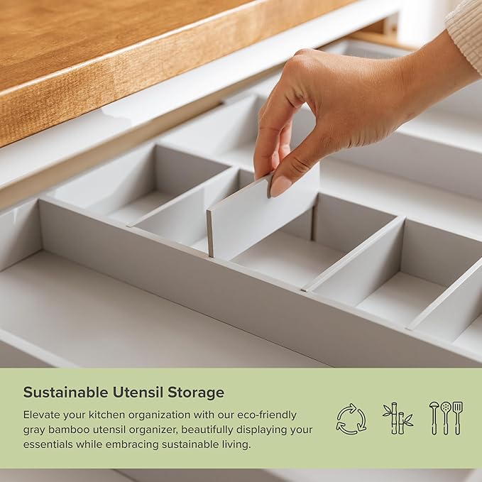 KitchenEdge Adjustable Kitchen Drawer Organizer for Utensils and Junk, Food-Safe Contract Grade with 100% Sustainable Wood, Expandable from 19 to 33 Inches Wide - Gray Bamboo