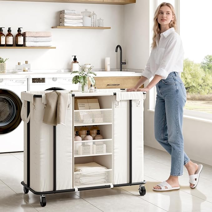WOWLIVE Laundry Sorter 2 Section 200L Rolling Laundry Hamper with Hanging and Removable Bags Laundry Cart with Steel Frame and Storage Unit Large Basket Organizer for Dorm Room, Bathroom (Beige)