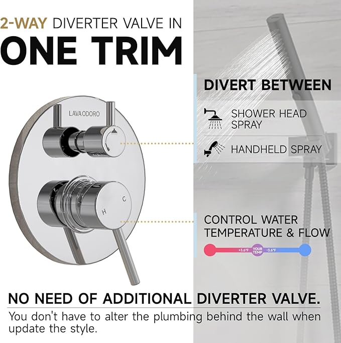 Lava Odoro Modern 2-Setting Round Rain Shower System with Handheld Spray, Chrome Rainfall Shower Faucet Set Rain Shower Head and Handle Set, Shower Valve Trim Kit,10 Inch, Chrome, SF104-C