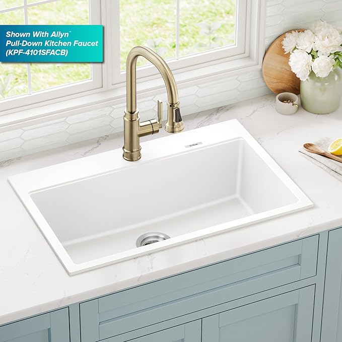 KRAUS Quarza 31-inch Granite Drop-In/Undermount Single Bowl White Kitchen Sink, KGD-412BWHITE