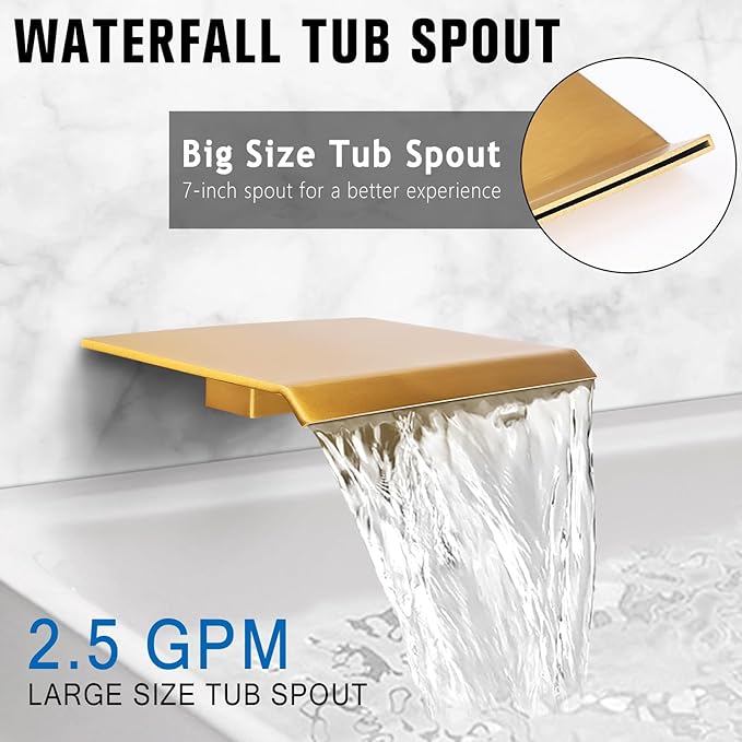 12 Inch Rainfall Shower System with Tub Spout Wall Mounted Complete Combo with Solid Brass Pressure Balancing Valve, High Pressure Shower Head, Handle Set & Installation Accessories