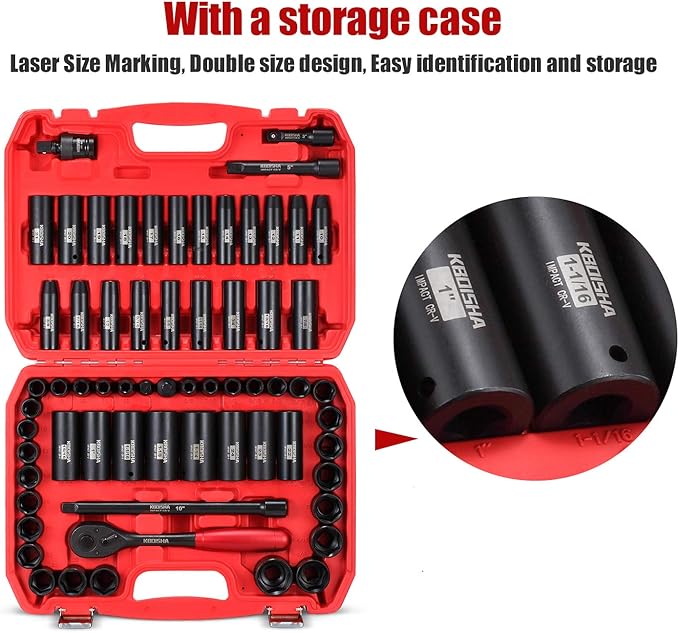 KBOISHA 1/2" Master Drive Impact Socket Set,65-Piece 6 Point Socket Set Standard SAE and Metric Sizes CR-V Steel Sockets with Adapters & Ratchet Handle