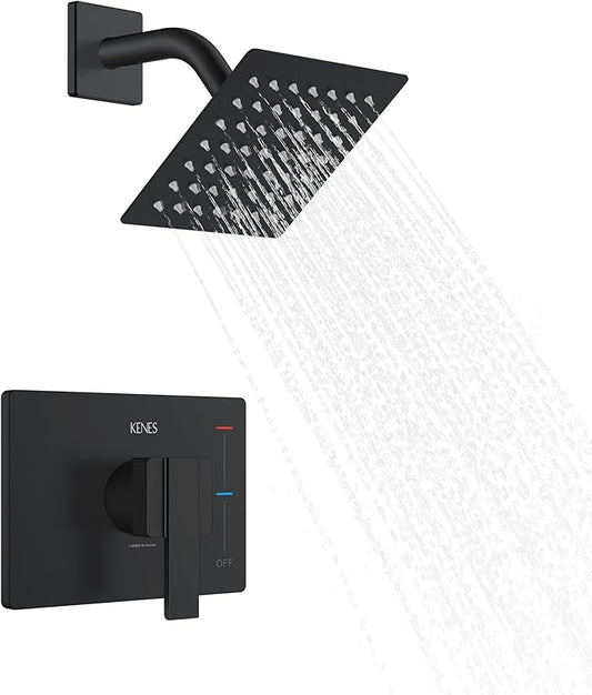 KENES Matte Black Shower Faucet, Shower Trim Kit with Single-Spray Stainless Black Rain Shower Head, Shower Trim Systems Wall Mount, KE-6025B-2 (Shower Valve Included)