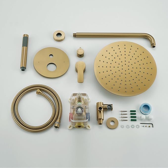 Iriber Brushed Gold Shower System Wall Mounted Shower Faucet Mixer Set with 12 Inches Rain Shower head and Handheld, Bathroom Modern Rainfall Shower Trim Kit (Contain Valve Cartridge)