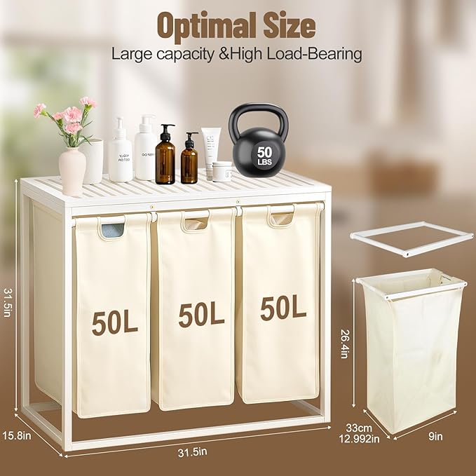 Bamboo Laundry Hamper 3 Section with Lid, 150 L Laundry Sorter with Pull-Out Removable Washable Bags, 3 × 12.5 Gal Divided Laundry Baskets for Laundry Room, Bathroom (White)