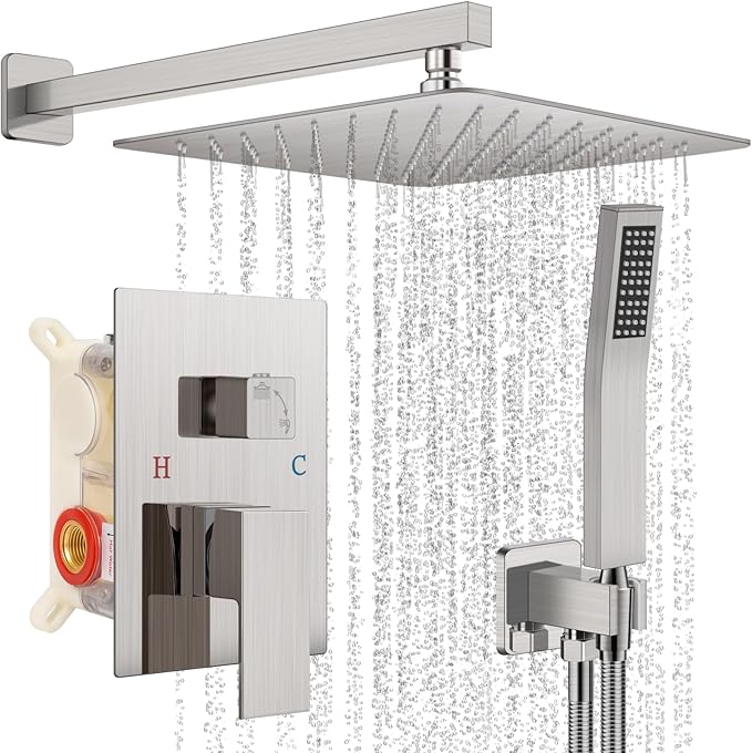 Shower Faucet Set Bathroom Square Rain Shower Head and Handle Set, Wall Mounted Shower Fixtures With Shower Valve and Trim Kit 12 inch Brushed Nickel