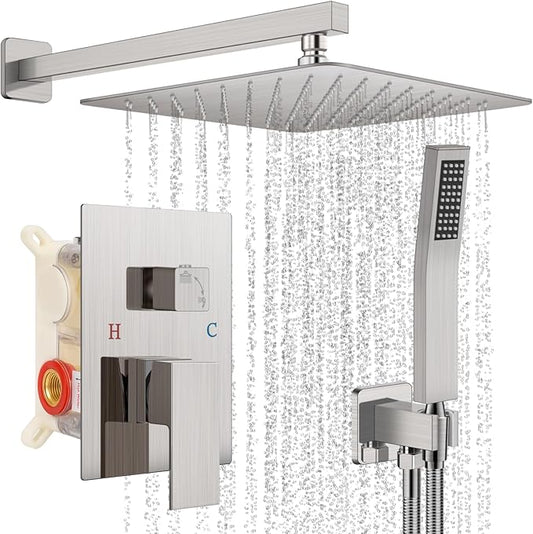 Shower Faucet Set Bathroom Square Rain Shower Head and Handle Set, Wall Mounted Shower Fixtures With Shower Valve and Trim Kit 12 inch Brushed Nickel