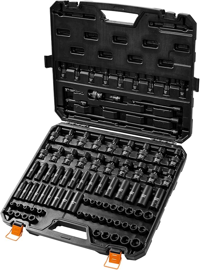 VEVOR Impact Socket Set 3/8" Drive, 90 PCS, CR-MO, SAE 1/4"-3/4" Metric 6-19mm, with Shallow & Deep Sockets, Swivel & E-Torx & Bit socket Sockets, Extension Bars, Adapters, Universal Joint