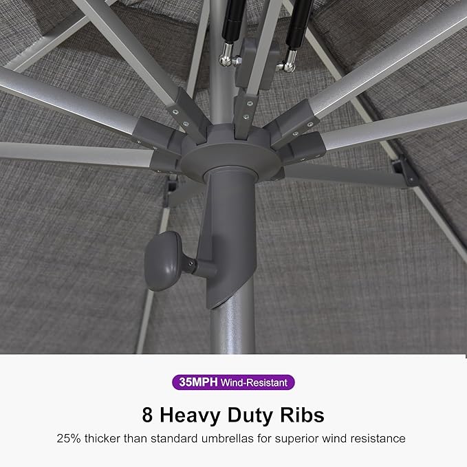 PURPLE LEAF 9 FT Semi-Auto Outdoor Patio Umbrella with Base Market Table Sun Umbrellas with 8 Aluminum Sturdy Ribs for Backyard Deck Garden Pool (Silver Pole Gray Canopy)
