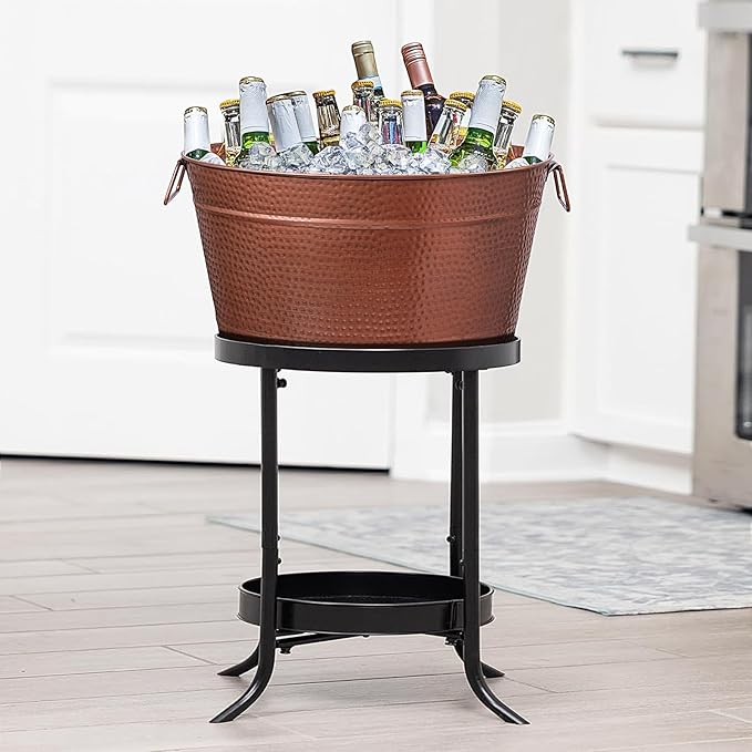 Large Ice Buckets with Handles for Parties, IKAYAS Beverage Tub Rose Copper Stainless-Steel Ice Tub with Scoop and Tongs for Cocktail Bar Mimosa Bar Supplies