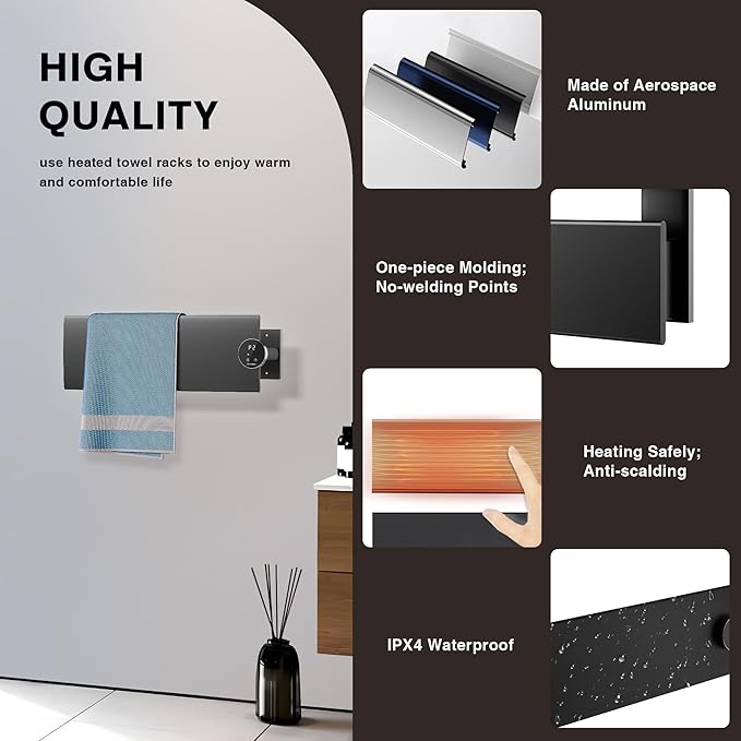 K&KALONZO Electric Towel Warmer, 18.8" W x 4.8" H Wall-Mounted Towel Heater with Built-in Timer, Waterproof Aluminum Towel Warmer for Bathroom, Support Plug-in and Hardwired, Black, K1-R-B