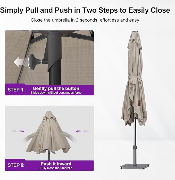 PURPLE LEAF 6 X 10 FT Semi-Auto Outdoor Patio Umbrella with Base Market Table Sun Umbrellas with 6 Aluminum Sturdy Ribs for Backyard Deck Garden Pool (Gray Pole Beige Canopy)