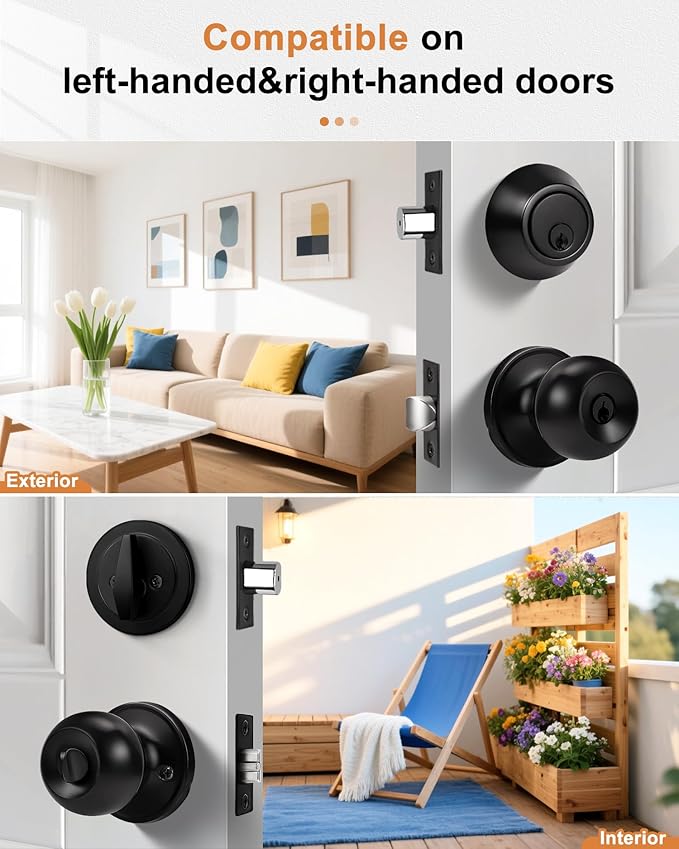 Probrico Keyed Alike Entry Door Knobs Lock Set and Single Cylinder Deadbolt Combination Set, Flat Black Exterior Front Door Locks,3 Pack