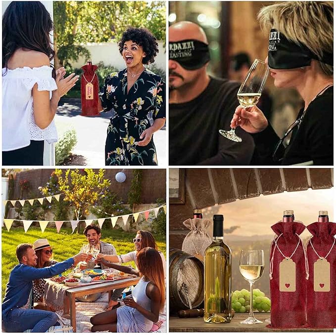 HOMUM 12 Pcs Premium Burlap Wine Bags, Wine Gift Bags with Drawstrings - Reusable Wine Bags, Wine Bottle Bags for Weddings, Parties, Blind Tastings, Christmas, Birthdays, Housewarming, Home Storage (Red)