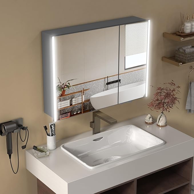 36x28 Medicine Cabinet with Light, AL Alloy Frame, Full-Assembled Bathroom Mirror Cabinet with Brightness Adjustable and Storage, Led Medicine Cabinet Mirrored with Recessed or Wall Mount, Black