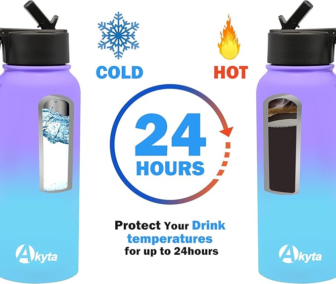32 OZ Water Bottle, Sports Water Bottle with Straw Lid, Vacuum-Insulated Stainless-Steel, Keep Water Cold/Hot, Double-walled Metal Thermos Water Bottles (32 OZ, Purple Blue)