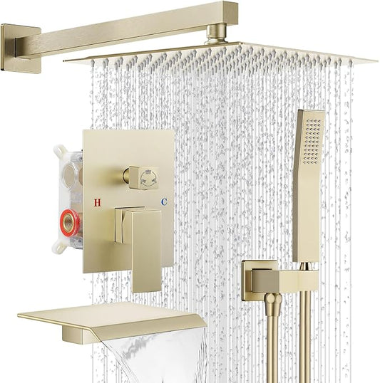 Rain Shower Faucet Set Wall Mounted Rainfall with Tub Spout Shower Head System Rough-in Valve Body and Trim Included Brush Gold (10 Inches)