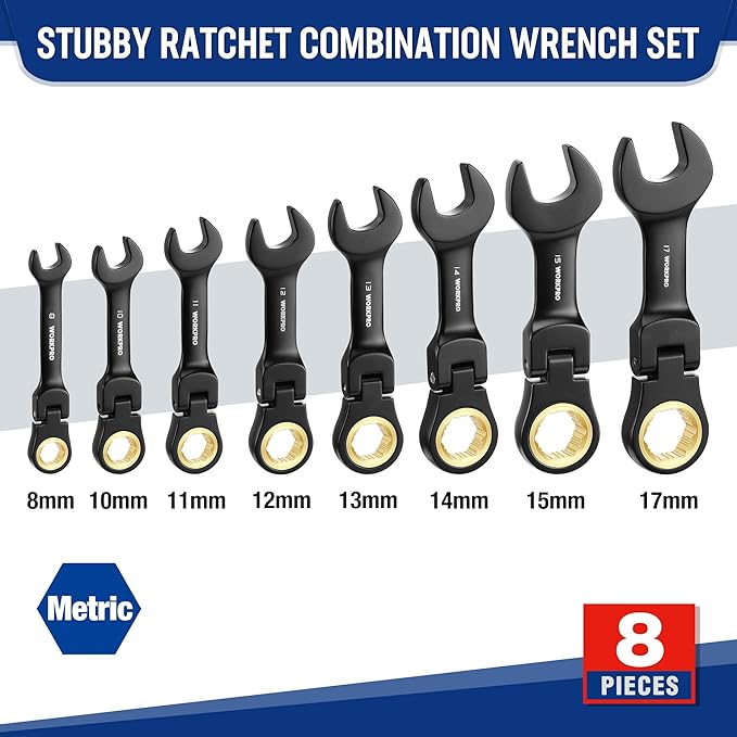 WORKPRO 8-Piece Stubby Anti-slip Ratcheting Combination Wrench Set, Metric 8-17 mm, 72-Teeth, CRV, Black Electrophoretic Coating, Flex-Head Wrench Set with Rolling Pouch