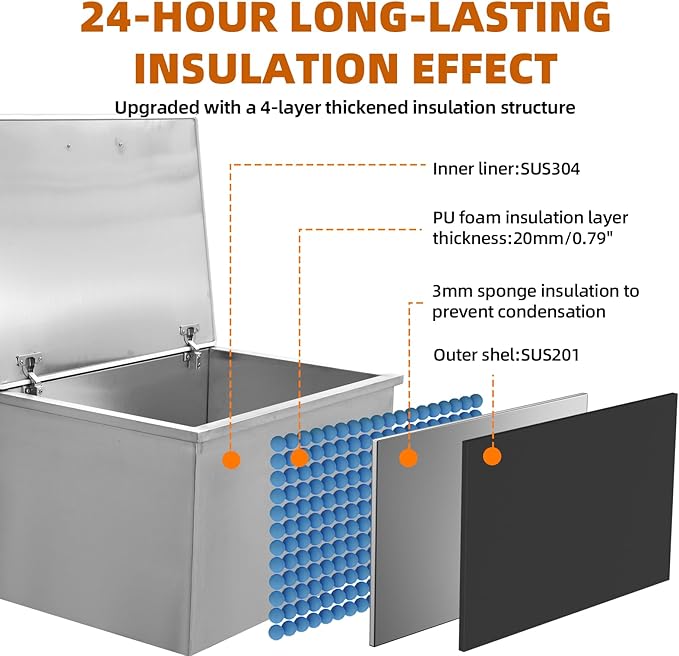 Upgraded Drop in Ice Chest, Stainless Steel Ice Cooler, Commercial Ice Bin with Cover, Outdoor Kitchen Ice Bar, Drain-Pipe and Drain Plug Included, for Cold Wine Beer