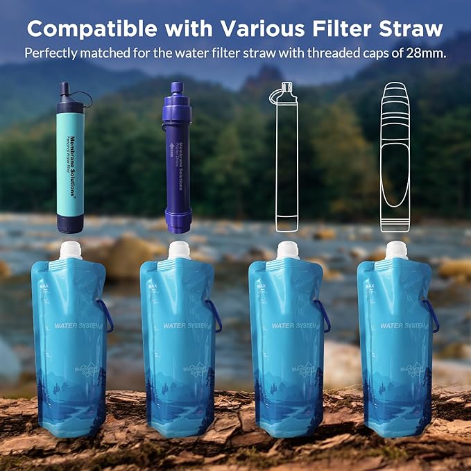 Membrane Solutions 23oz Collapsible Water Bottle for Water Filter Straw, Reusable Water Pouch with Carabiner and Measurement, Foldable Water Container Bag for Hiking Camping Travel Emergency