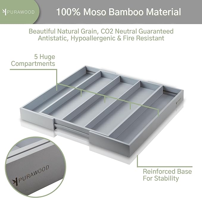 Purawood - Large Premium Bamboo Silverware Organizer - Expandable Kitchen Drawer & Utensil Organizer, 17" x 19.75" Cutlery Tray with Drawer Dividers for Kitchen Flatware (3-5 Slots) (Grey)