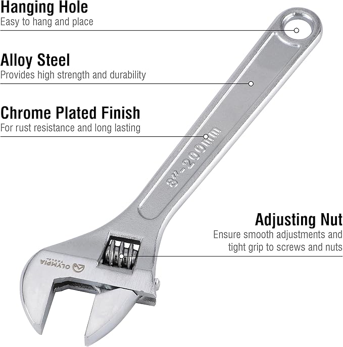 Olympia Tools 8" Adjustable Wrench, Heavy Duty Drop Forged Steel, Chrome Plated, Precision Machined Jaws, Rust Resistant
