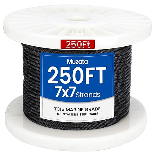 Muzata 250 ft 1/8" Black Stainless Steel Cable Railing System Hardware T316 Stainless Steel Wire Rope 7x7 Strands 1800 lb Breaking Strength Black Cable Railing Kit for Indoor Outdoor WR19