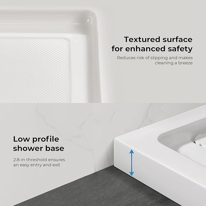 OVE Decors 48-in W x 36-in D Shower Base Pan Rectangle, Hidden Side Drain, White Acrylic, Reversible Design