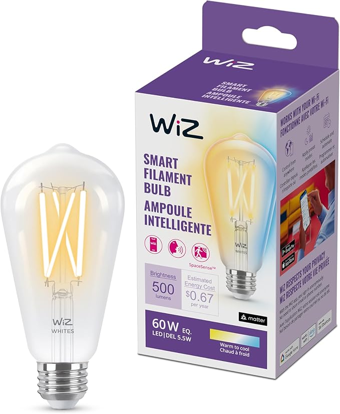 WiZ Connected 60W ST19 Tunable White Filament LED Smart Light Bulbs - Connects to Your Wi-Fi - E26 Smart Bulb - Control with Voice or App + Activate with Motion - Matter Compatible - 1 Pack