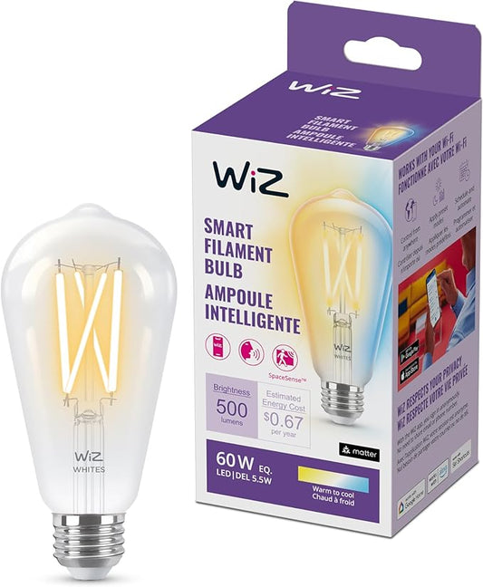 WiZ Connected 60W ST19 Tunable White Filament LED Smart Light Bulbs - Connects to Your Wi-Fi - E26 Smart Bulb - Control with Voice or App + Activate with Motion - Matter Compatible - 1 Pack